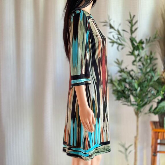 Donna Morgan Retro Print Multicolor Shift Dress Stretch Knit Mod 3/4 Sleeve Sz 4 - Picture 3 of 8